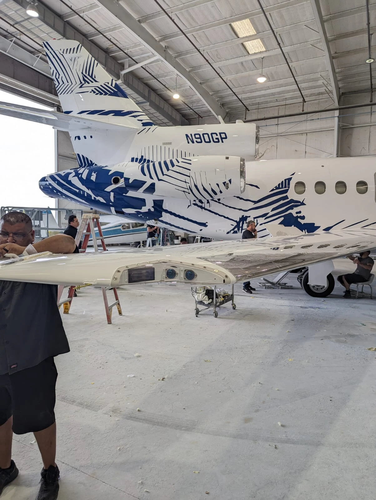 Aeronave Falcon 900 con obra lineal dentro de un hangar