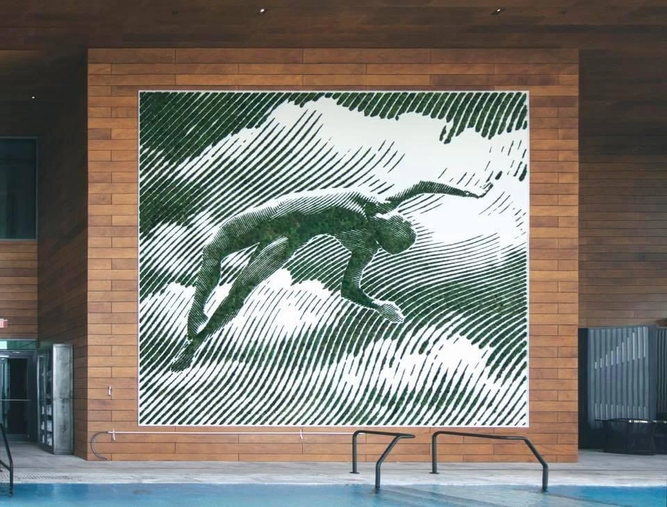 Nadador representado en una composición mural de musgo verde